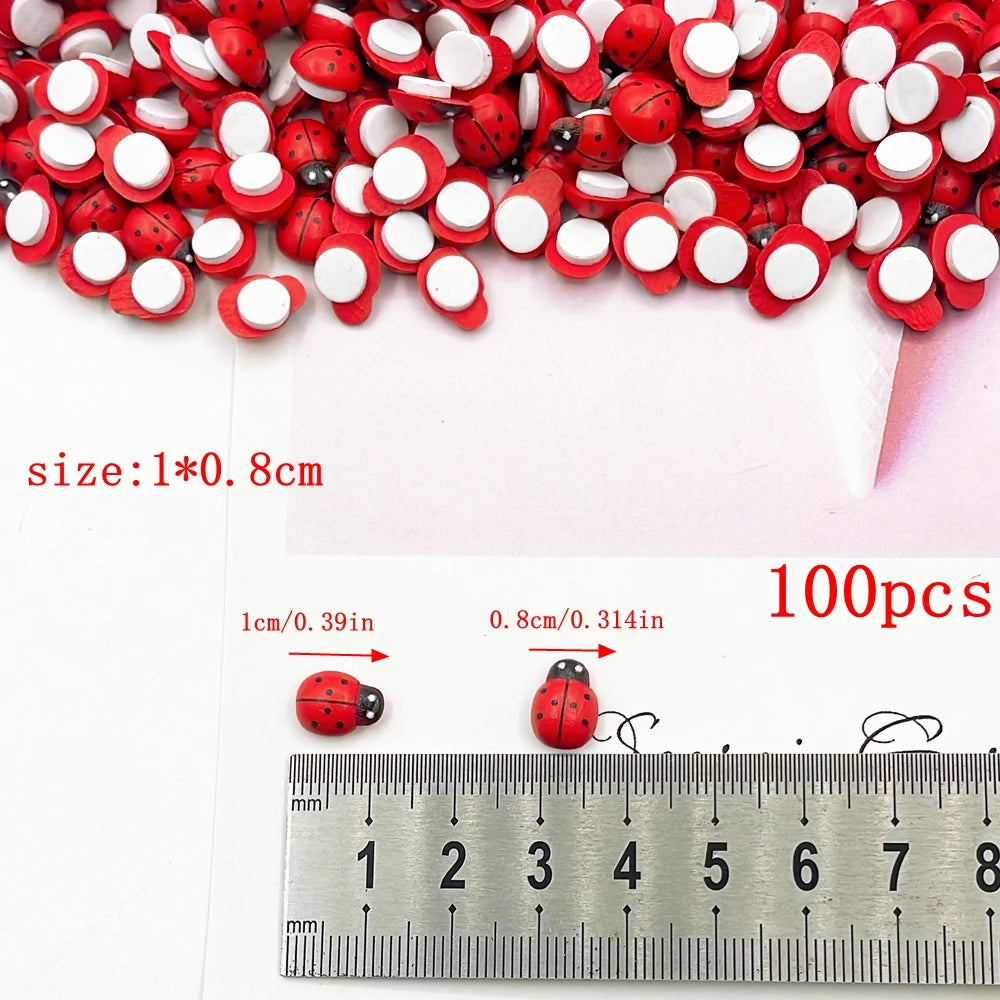 100Pcs Wooden Mini Ladybug Stickers – 8x11mm Self-Adhesive Red DIY Craft Decorations for Scrapbooking, Home, Garden & Party Decor
