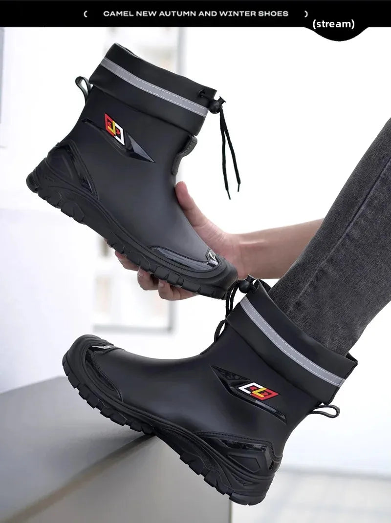 Men’s Ankle-High Fleece-Lined Rain Boots – Waterproof, Anti-Slip, Wear-Resistant Work & Fishing Shoes