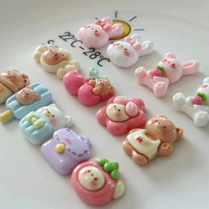 10-Piece Cute Cherry, Rabbit, and Bear Resin Embellishments - Kawaii Flatback Charms for DIY Scrapbooking, Crafts, and Home Decor