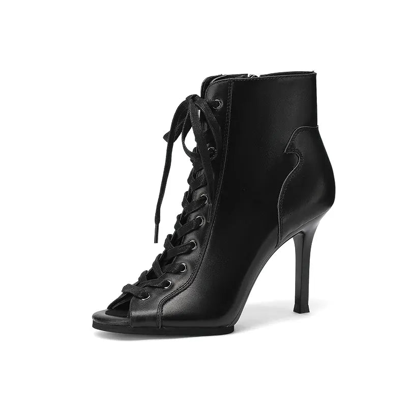 Women’s Genuine Leather Dance Boots - European Style Open Toe Thin High Heel Jazz Dance Shoes