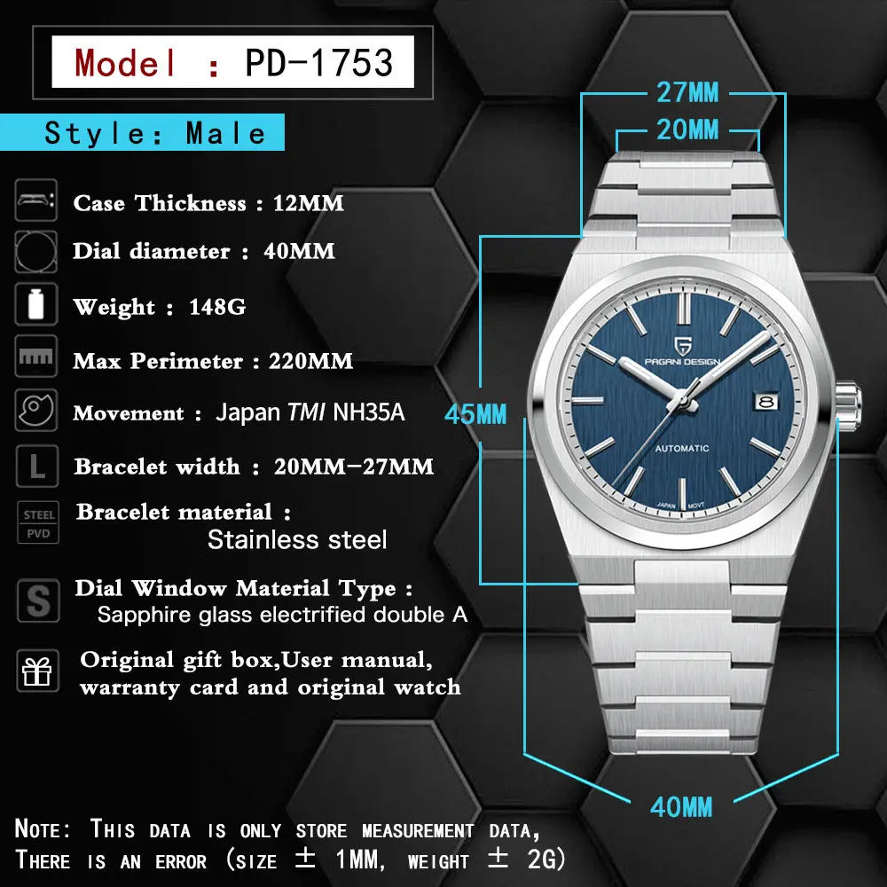 Pagani Design 2024 Men’s Automatic Mechanical Watch – Luxury Sapphire AR Coating, Stainless Steel, 10BAR Waterproof