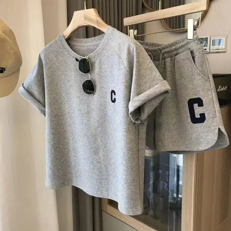 Women's 2-Piece Summer Pajamas Set – Loose Short Sleeve T-Shirt and Casual Shorts with Sports Letter Print, Large Size Homewear