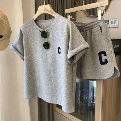 Women's 2-Piece Summer Pajamas Set – Loose Short Sleeve T-Shirt and Casual Shorts with Sports Letter Print, Large Size Homewear