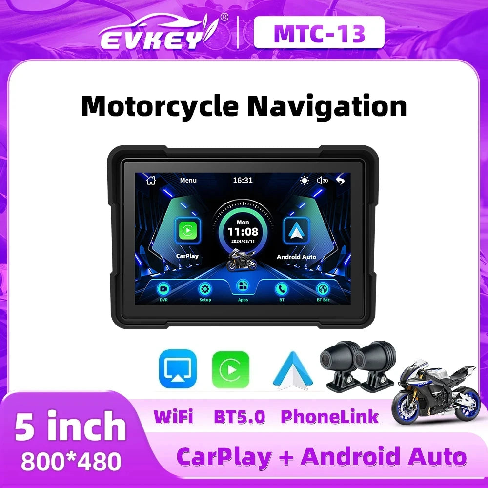 EVKEY MTC13 Motorcycle Navigation Display - Waterproof CarPlay Screen, Portable Wireless Monitor with Android Auto