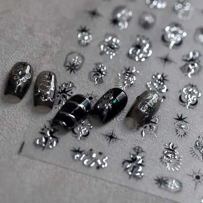 5D Gold Stamped Nail Art Stickers - Silver Sun Stars Snake Chinese Style Self-Adhesive Manicure Decals