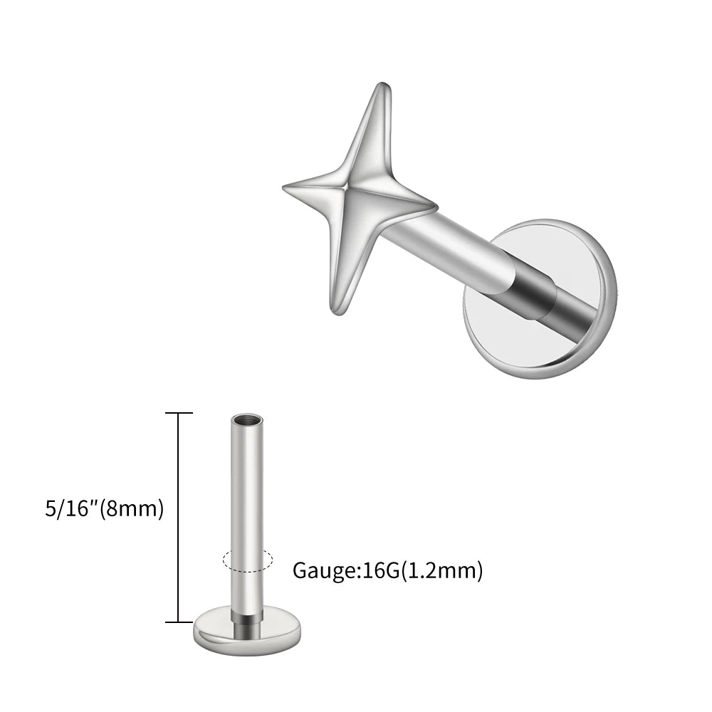 Right Grand ASTM F136 Titanium 16G Four-Pointed Star Cartilage Stud Earring – Helix, Tragus, Flatback Labret & Nose Piercing Jewelry