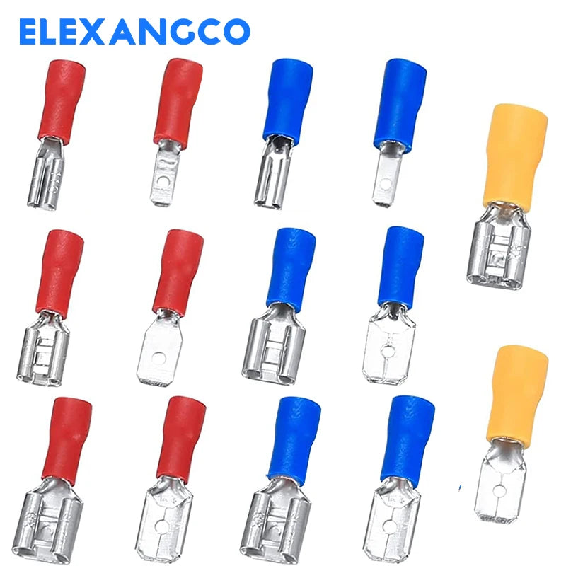 50PCS Insulated Spade Wire Connectors Set – 2.8/4.8/6.3mm Male & Female Electrical Crimp Terminals (Red, Blue, Yellow)