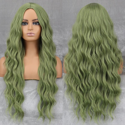 Long Wavy Green Synthetic Wig – Heat-Resistant Women's Cosplay, Party, Lolita Style, Half Part, Red/Black/Pink