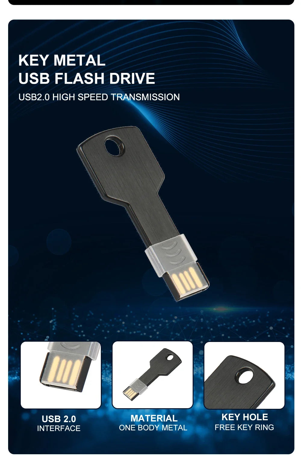 64GB Metal Key-Shaped USB Flash Drive – High-Speed U Disk, Real Capacity Storage (Black/Silver)