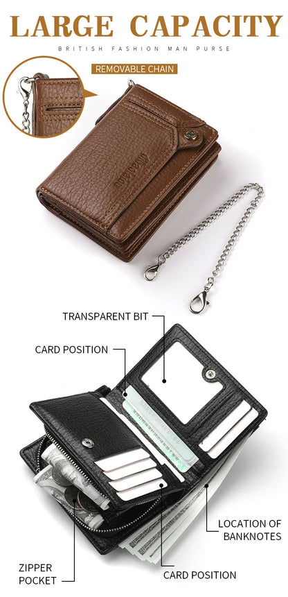 Men’s Multifunctional PU Leather Wallet – Large Capacity Credit Card Holder Purse with Chain Strap