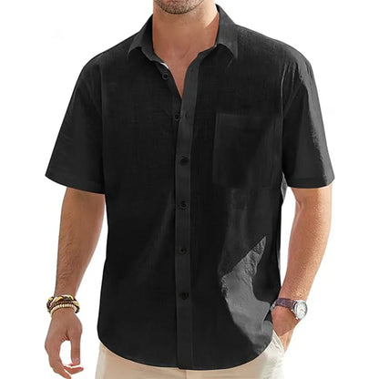 Men’s Cotton Linen Short Sleeve Shirt - Lightweight Casual Beach Vacation Button Top with Pocket
