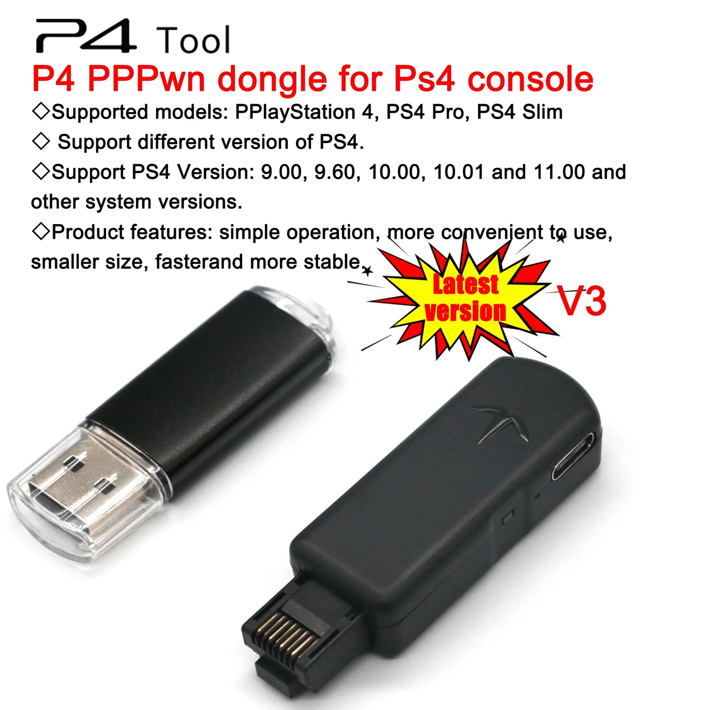 One-Key JB Tool Mod Set – USB Dongle with Ethernet & Type-C Cable Kit, JB USB Adapter for PS4/PS4 Pro/PS4 Slim FW 9.0-11.0 System