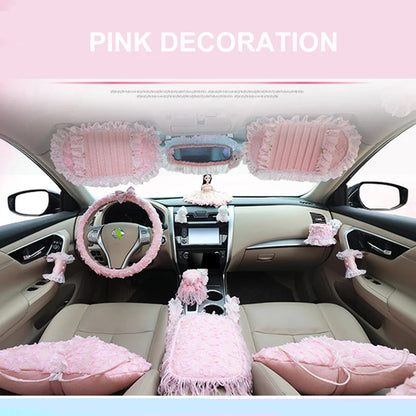 Pink Car Interior Accessories Set - Lace Steering Wheel Seat Belt Gear Shift And Mirror Covers For Women