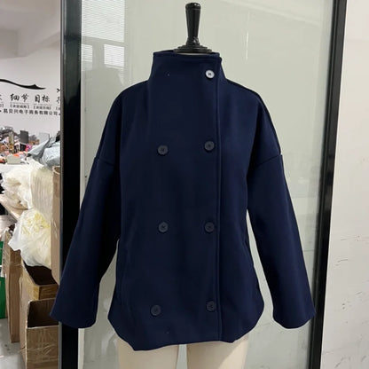 Women’s Short Woolen Coat - Stand Collar Loose Zipper Jacket for Spring Autumn Fashion Outerwear