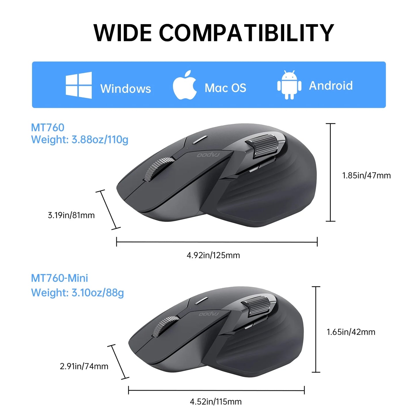 Rapoo MT760L/MT760M Multi-Mode Wireless Mouse – Ergonomic Rechargeable Bluetooth Mouse 4000DPI, Supports 4 Devices