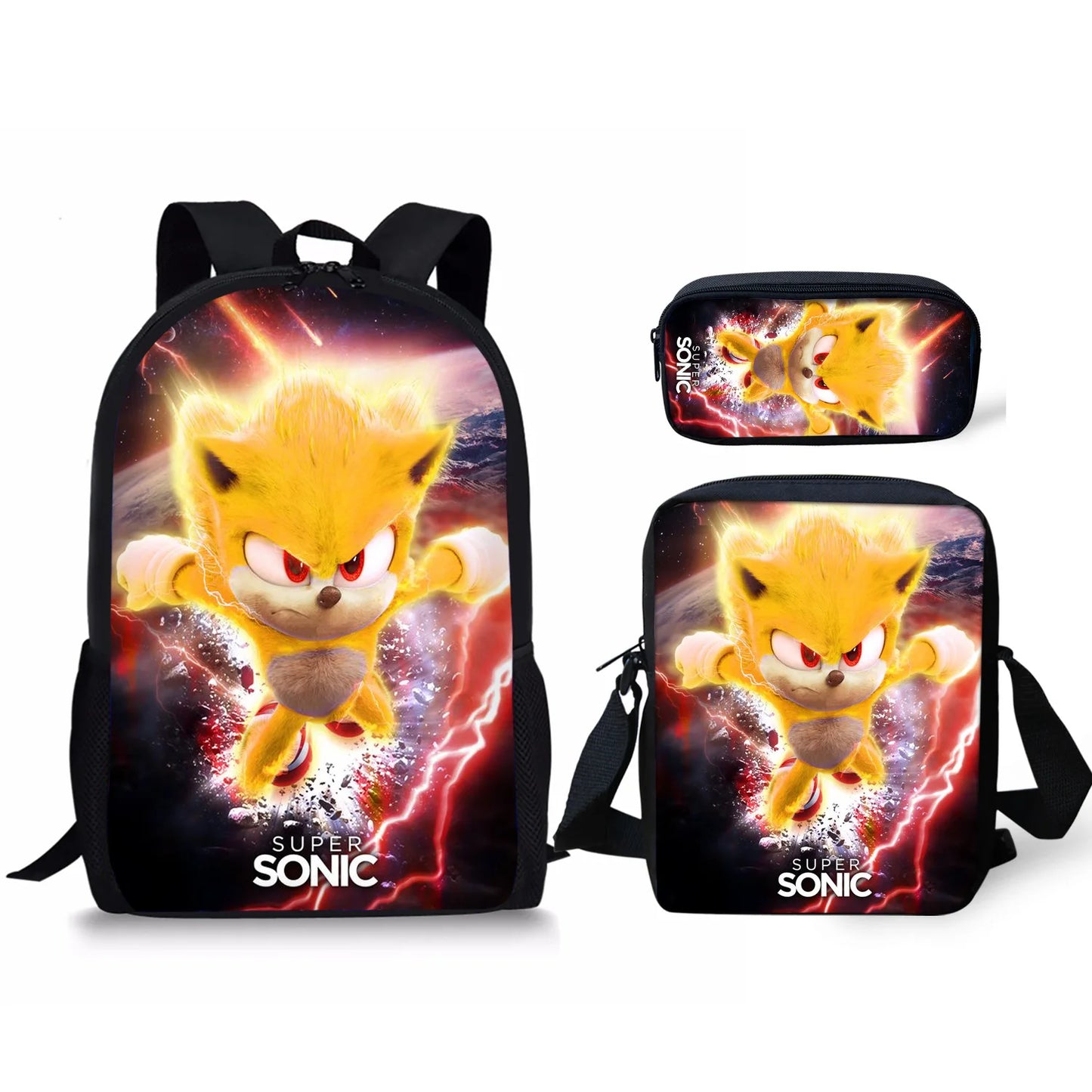 3PC Sonic Backpack School Bag Set – Anime Cartoon Zipper Backpack for Boys & Girls, Primary and Middle School Students