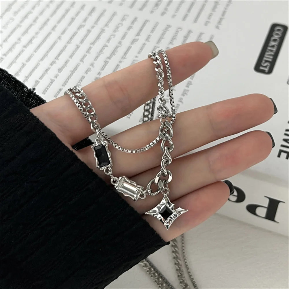 Hip Hop Zircon Star Double Layer Necklace - Titanium Steel Pendant Chain for Men & Women, Unisex Trendy Jewelry