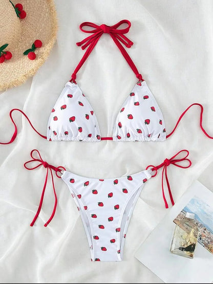 Women’s Strawberry Print Halter Bikini Set – Cute Two-Piece Swimwear, Beach Bathing Suit Summer Beachwear Outfit