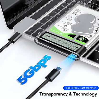 2.5" HDD/SSD SATA to USB 3.2 Enclosure – 5Gbps External Hard Drive Case with Transparent Housing