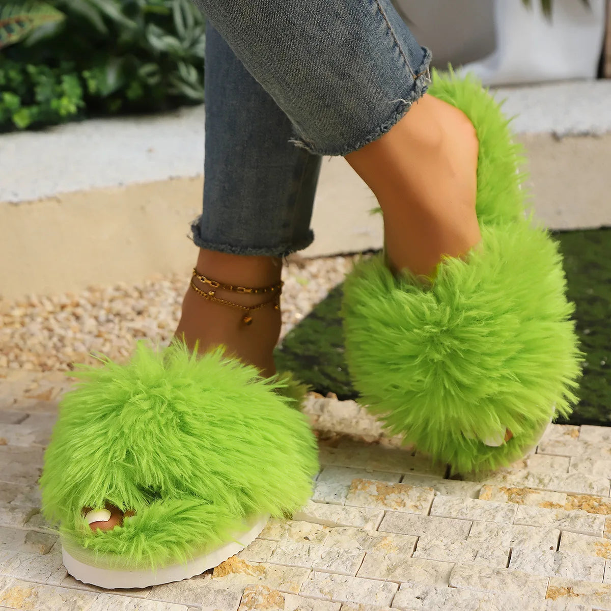 Women’s Cross Band Fur Slippers – Fluffy Open-Toe Plush Home Shoes with Soft Non-Slip Sole