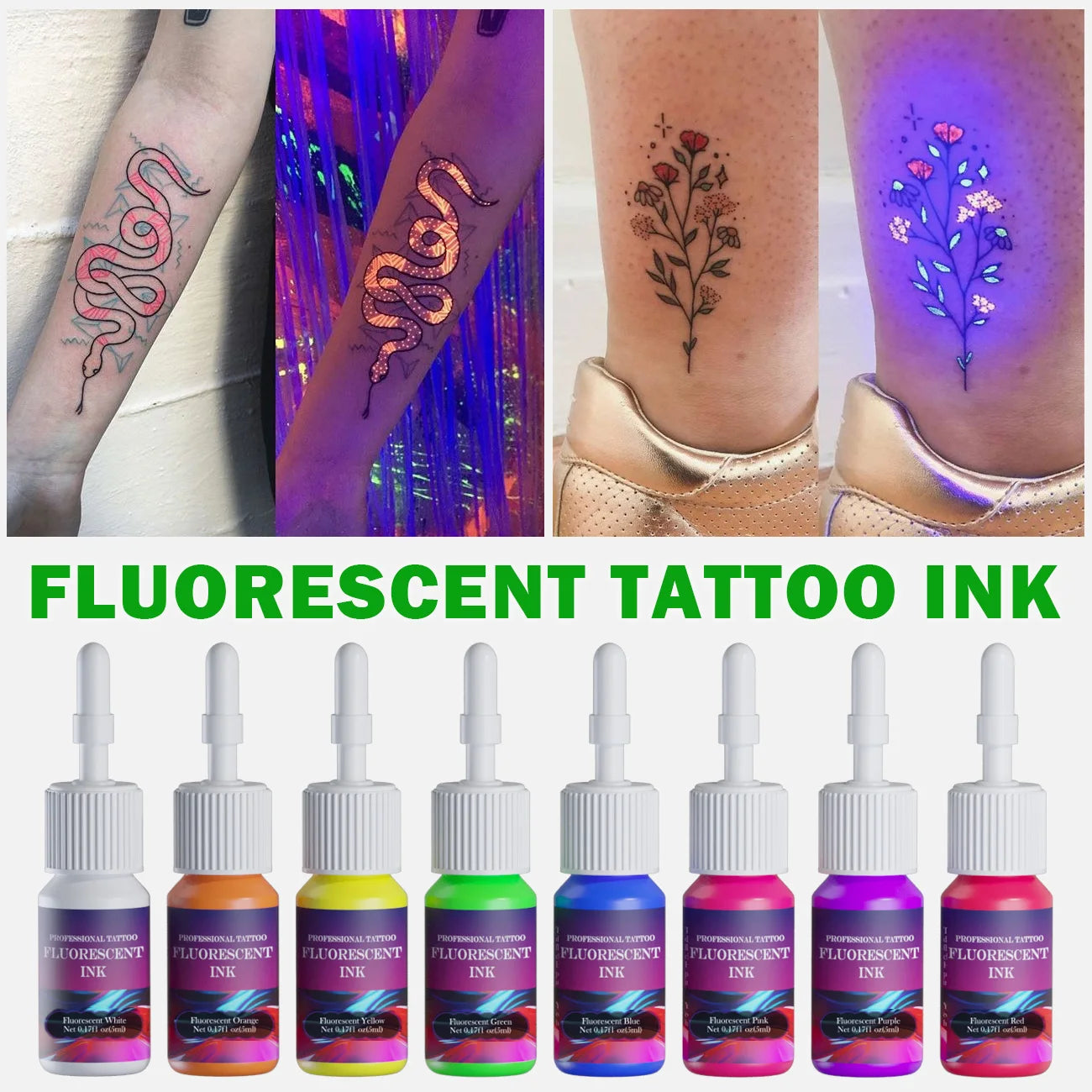 DM 8PCS 5ml Fluorescent Tattoo Ink Set – Professional Glow Tattoo Pigments for Body Art Painting & Tattoo Supplies Kit