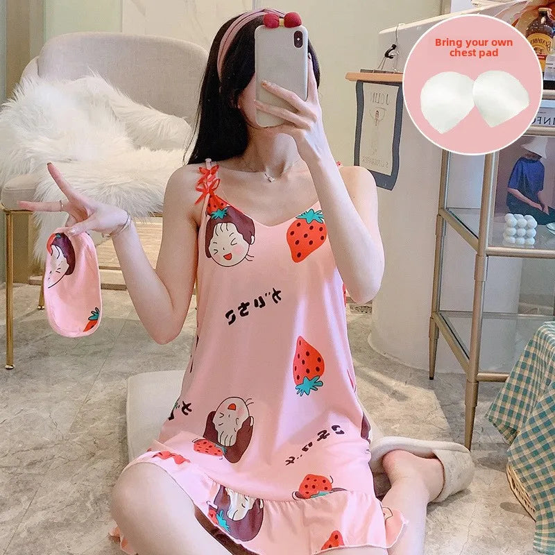 Women’s Cartoon Animal Pajama Set - Cute Loose Sling Nightgown with Bra Pad & Free Eye Mask for Sleepwear