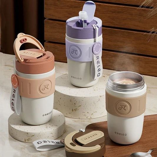 Travel Thermal Mug with Ceramic Liner – 316 Stainless Steel Vacuum Insulated Coffee Cup with Straw, Heat Retention Water Bottle