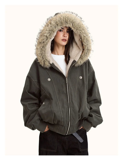 ZAROY Y2K Fur Collar Hooded Parka – Thick Padded Gothic Winter Jacket Streetwear for Men & Women
