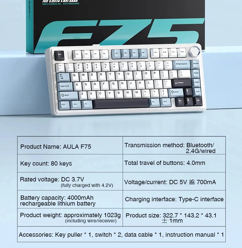AULA F75 75% Mechanical Gaming Keyboard – 2.4G Wireless, Bluetooth, Wired, RGB, OEM Profile, Gasket Structure