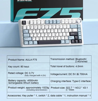 AULA F75 75% Mechanical Gaming Keyboard – 2.4G Wireless, Bluetooth, Wired, RGB, OEM Profile, Gasket Structure
