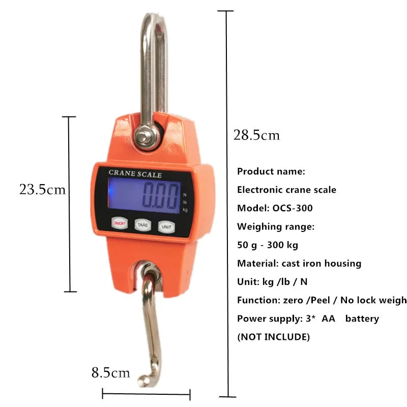 Digital Crane Scale: Heavy Duty 300kg Capacity with Hanging Hook - Portable Stainless Steel, Accurate to 150kg/50g, 200kg/100g, 500kg/100g