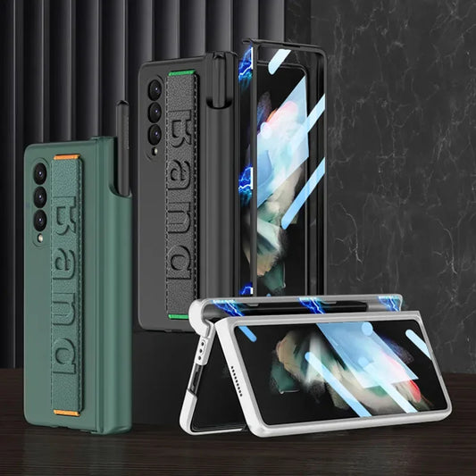 Magnetic Hinge Wrist Strap Case with Pen Slot & Screen Glass for Samsung Galaxy Z Fold 6/5/4/3 – Hard Protective Cover