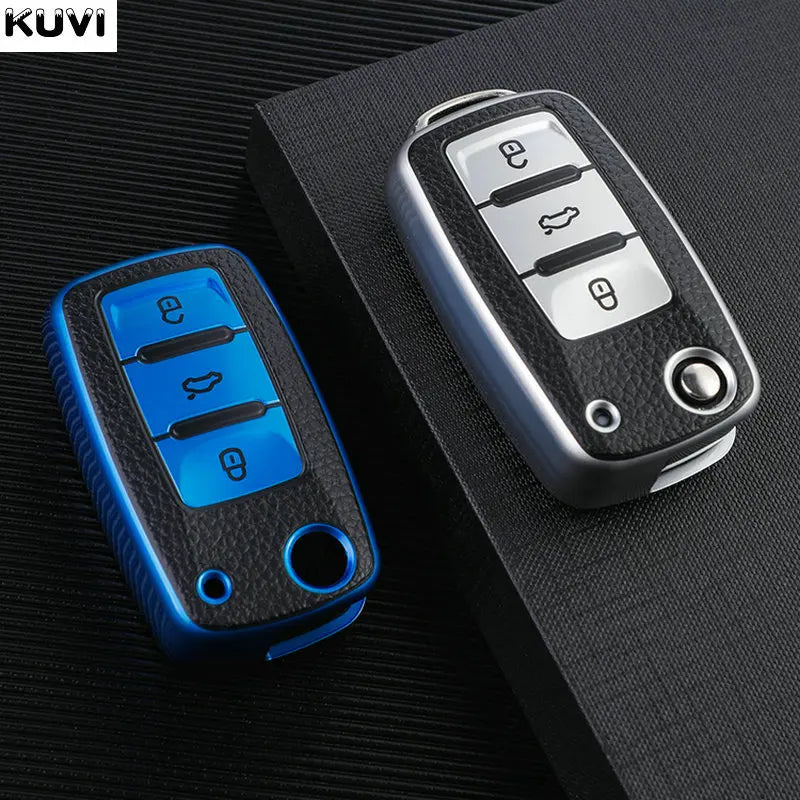 TPU Leather Car Key Case - Full Cover Protection Shell for VW Volkswagen Polo, Tiguan, Passat, Golf, Jetta, Lavida, Skoda Octavia