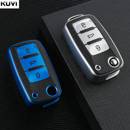 TPU Leather Car Key Case - Full Cover Protection Shell for VW Volkswagen Polo, Tiguan, Passat, Golf, Jetta, Lavida, Skoda Octavia