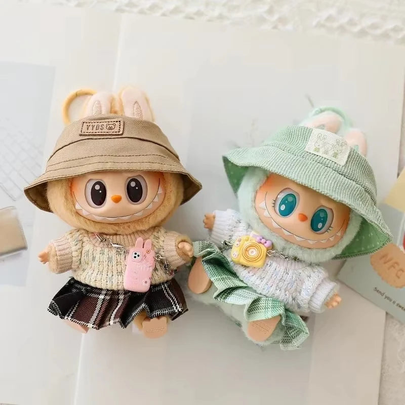 17cm Labubu Doll Clothes Set - Macaron Doll Outfit with JK Pleated Skirt, Camera & Shoes