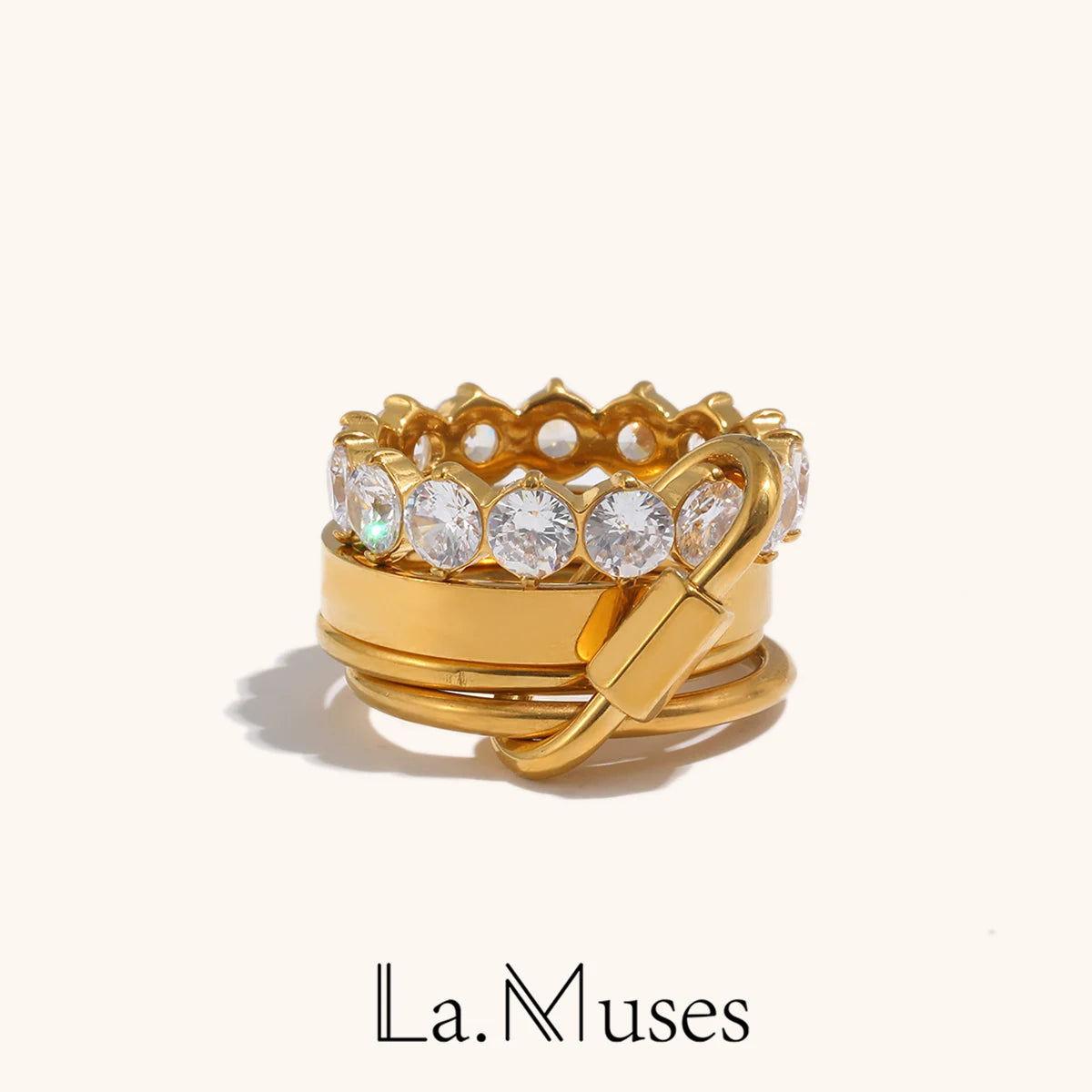 La. Muses Luxury Multi-Layer Zircon Stainless Steel Women’s Ring, PVD Gold-Plated Trendy Gift Jewelry