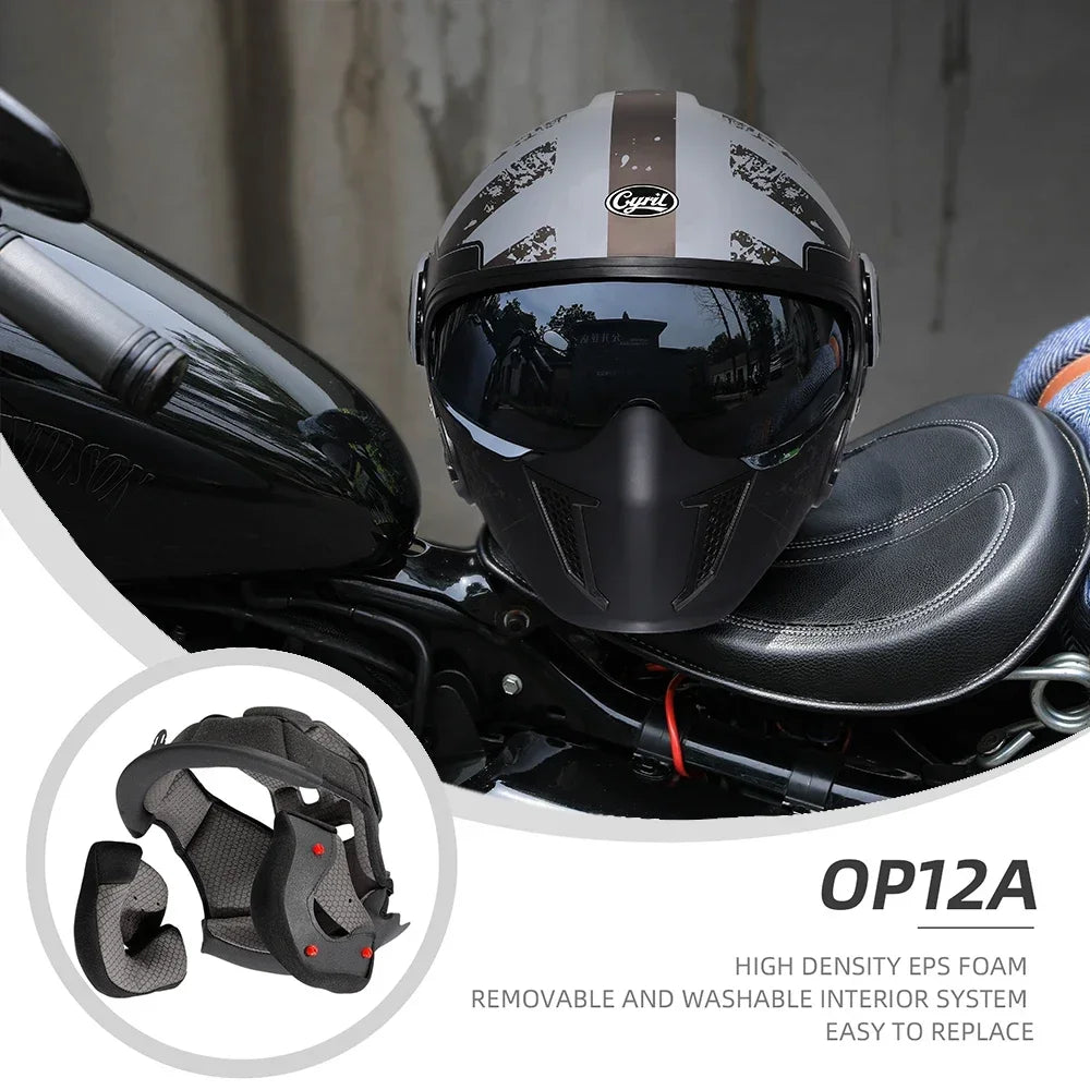 CYRIL OP12A Open-Face Motorcycle Helmet - Double-Lens Modular Retro Helmet for Men and Women, DOT and ECE Certified