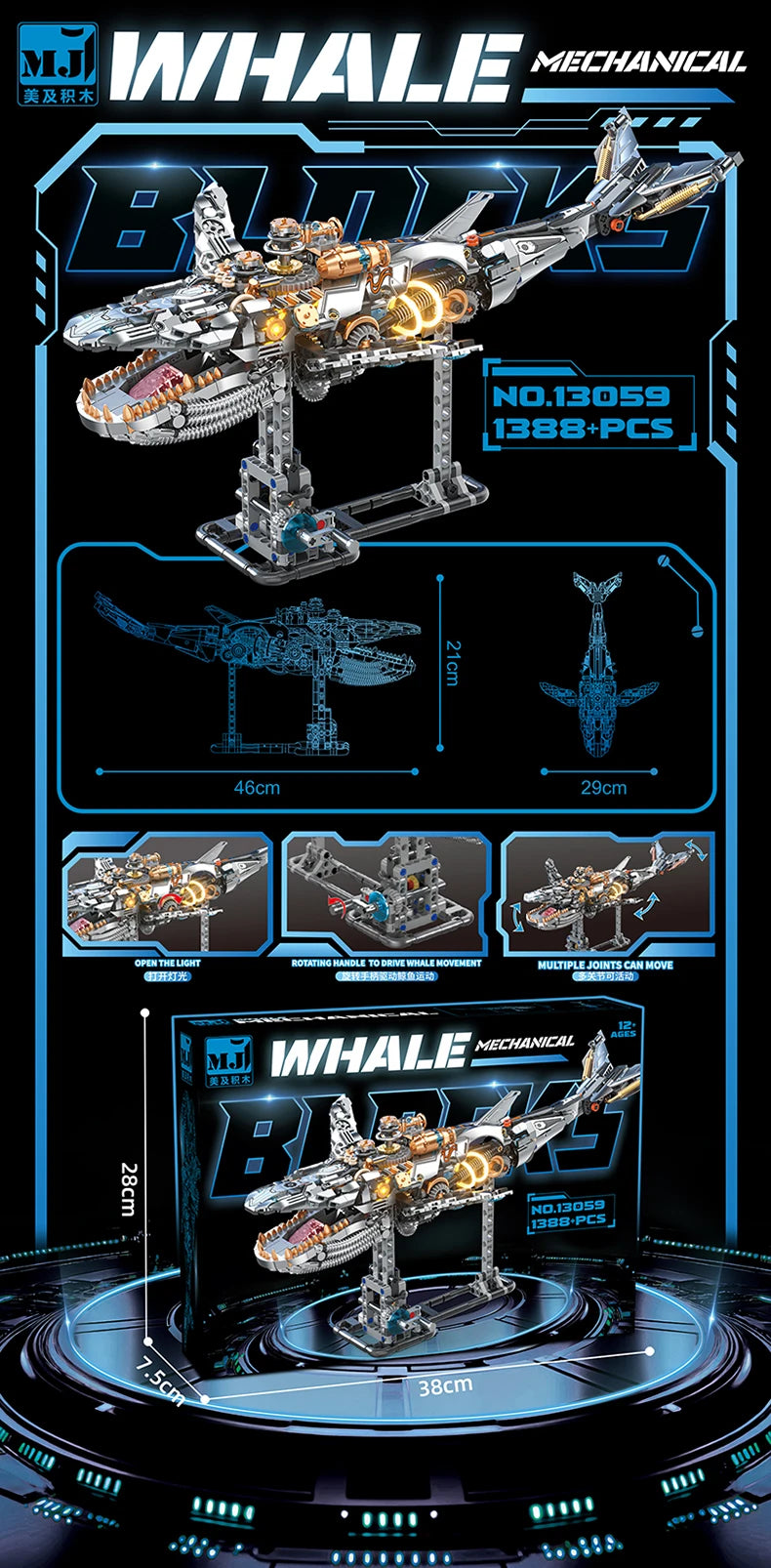 1388+ PCS Mechanical Whale Building Blocks – STEM Sea Life Model with Lights for Kids & Children’s Gifts