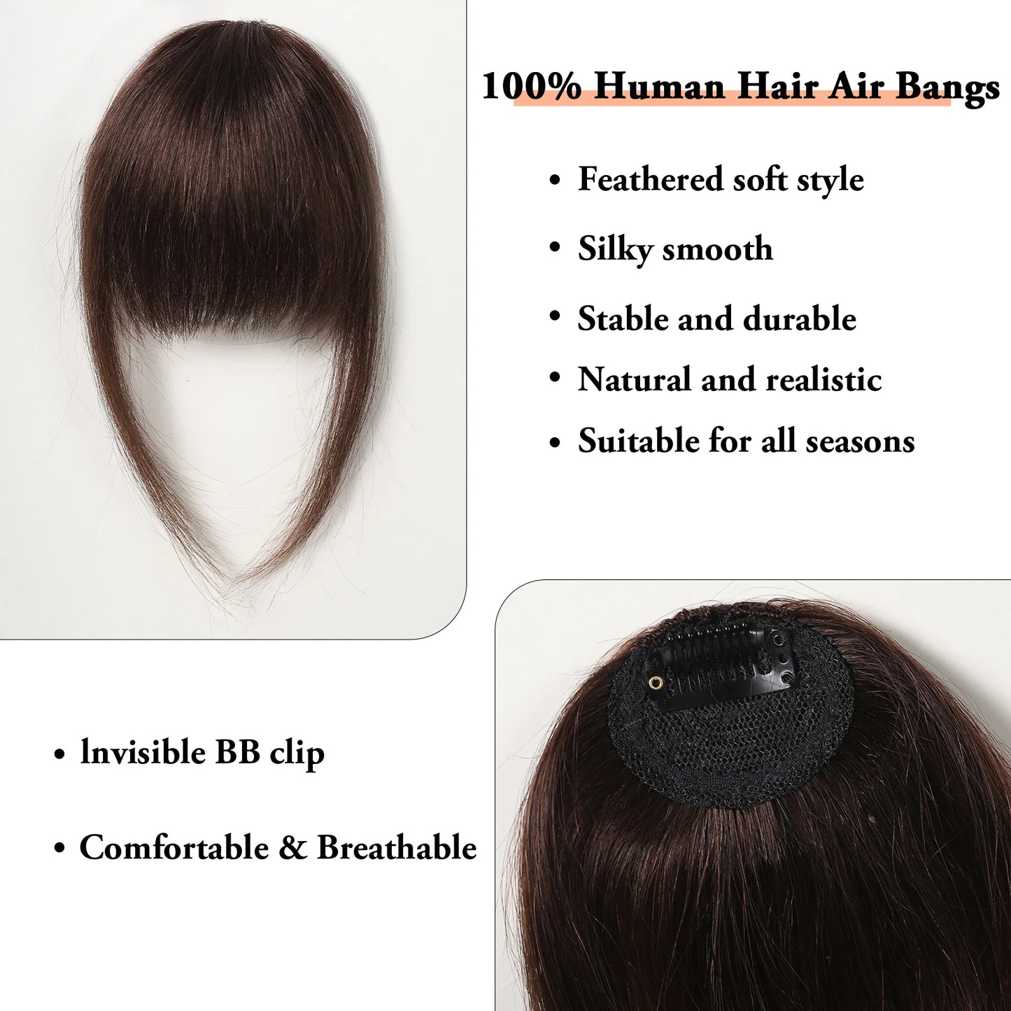 100% Human Hair Clip-In Bangs - Natural Brown Wispy Fringe with Temples, 4.5in Air Bang Hairpiece for Women