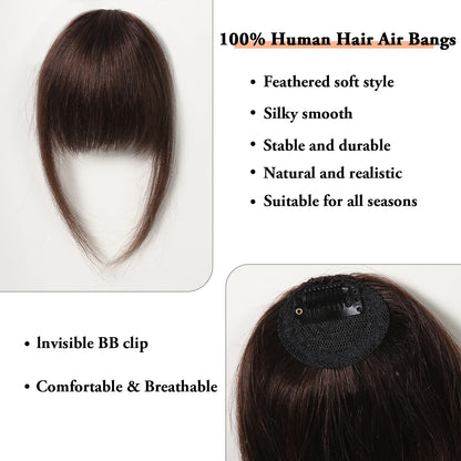 100% Human Hair Clip-In Bangs - Natural Brown Wispy Fringe with Temples, 4.5in Air Bang Hairpiece for Women