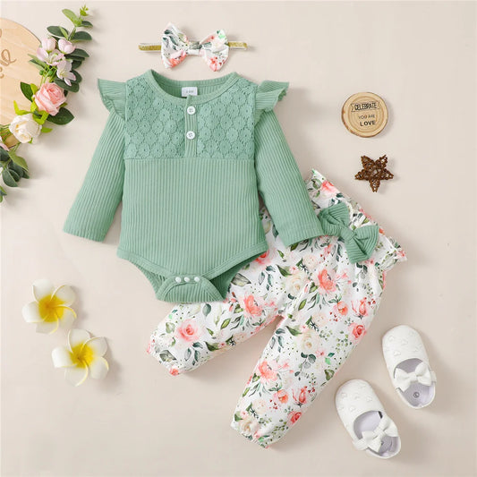 3-Piece Baby Girl Clothes Set – Long Sleeve Romper, Flower Pants & Headband, Spring & Autumn Outfit for 0-18 Months