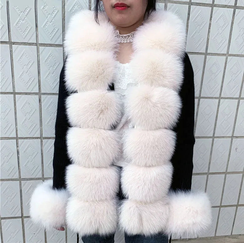 Women’s Spring & Autumn Sweater Cardigan – Real Fox Fur Collar Jacket, Natural Fur Outerwear