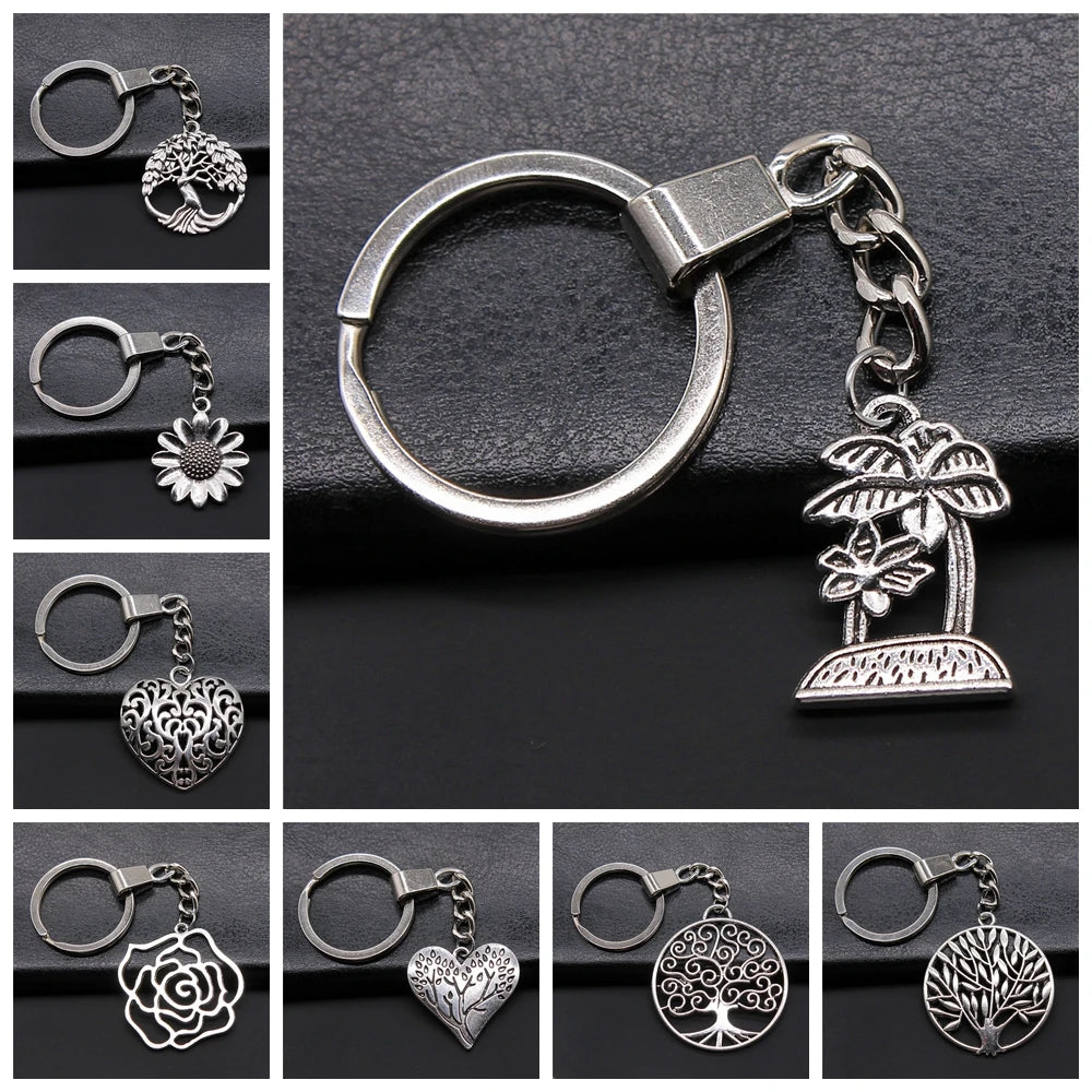 New Fashion Men 30mm Metal Alloy Keychain with Vintage Heart, Flower, Rose, Sunflower & Tree Pendant DIY Keyring Holder Chain Accessory