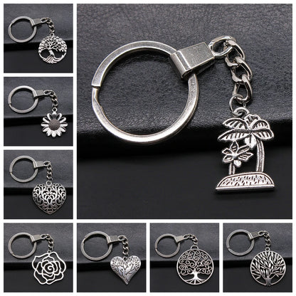 New Fashion Men 30mm Metal Alloy Keychain with Vintage Heart, Flower, Rose, Sunflower & Tree Pendant DIY Keyring Holder Chain Accessory