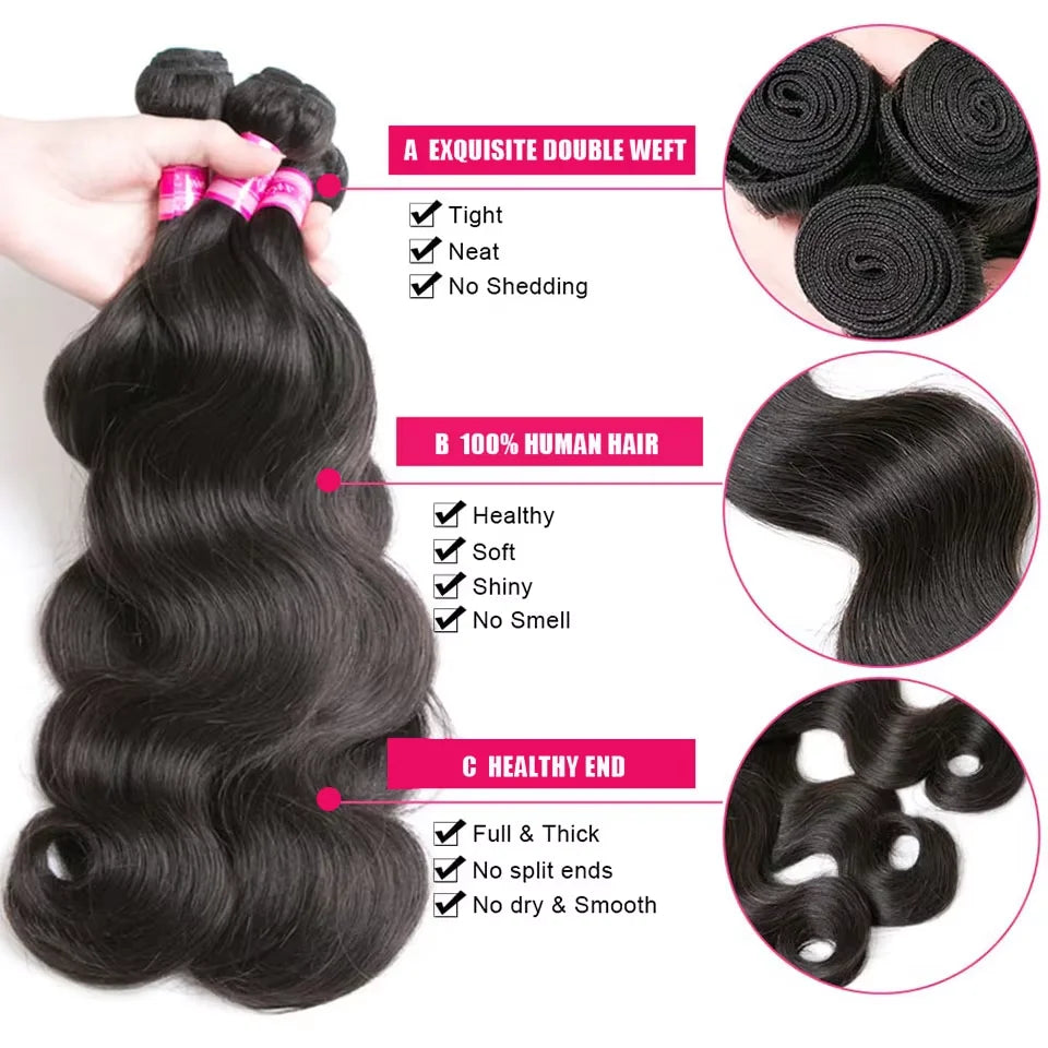 Body Wave Brazilian Human Hair Bundles – 1/3/4 Bundle Deals Natural & Jet Black Hair Extensions