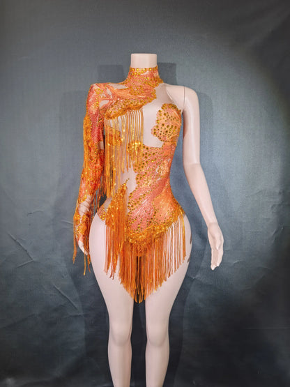 Sparkly Blue Rhinestone Leotard - One-Shoulder Fringe Bodysuit for Dance, Stage & Performance