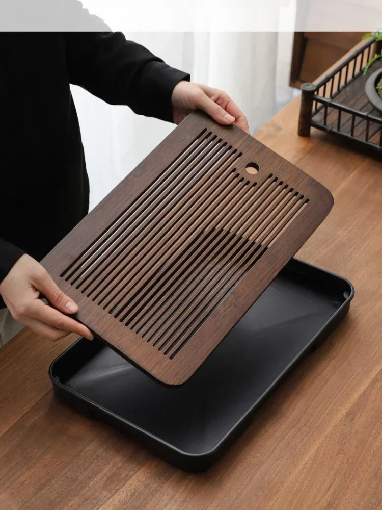 Portable Bamboo Tea Tray – Kung Fu Tea Set Grid Tray with Drainage for Dry & Wet Use