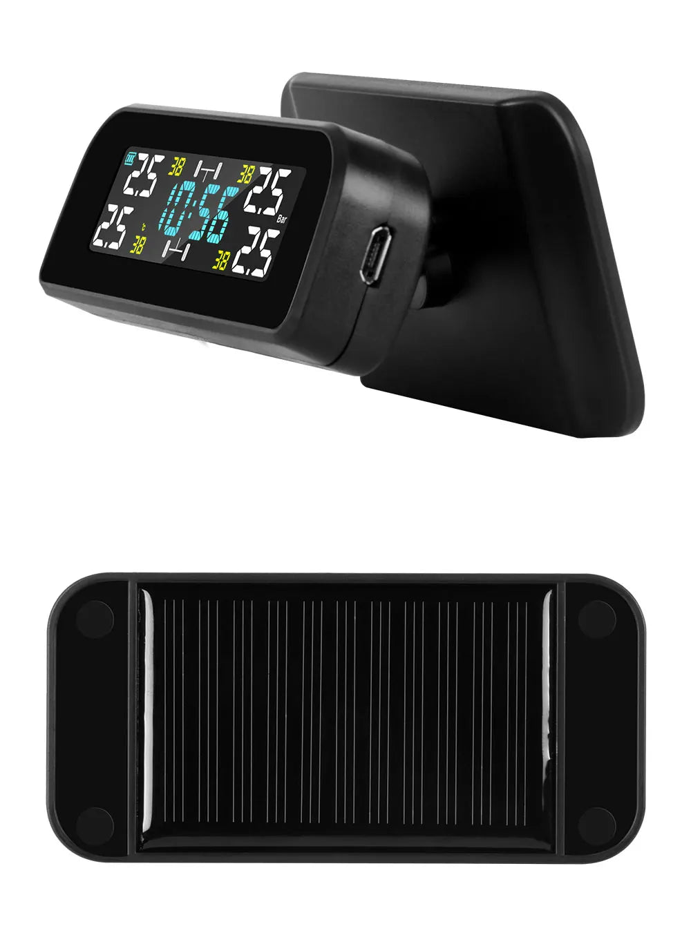 Solar Car TPMS Tire Pressure Monitoring System – 4 External Sensors with Temperature Alarm for Tyre Safety