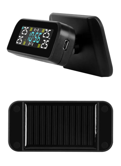 Solar Car TPMS Tire Pressure Monitoring System – 4 External Sensors with Temperature Alarm for Tyre Safety
