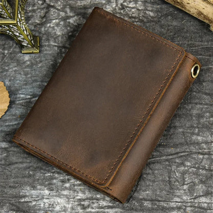 Men’s Genuine Leather Short Wallet with Chain – Trifold Zipper Clutch, Card Holder & Coin Purse